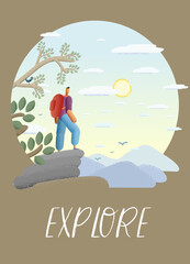 Vector illustration. A man with a backpack sits against a background of mountains and watches the sunset.  