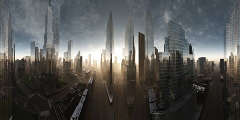 Modern city in the morning sun, Skyscrapers in the fog in the morning, 3D rendering
