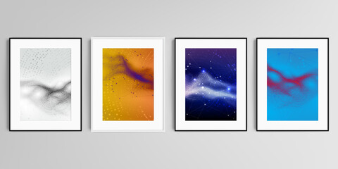 Realistic vector set of picture frames in A4 format isolated on gray background. Colorful wavy particle surface background for technology or science cyber space concept.