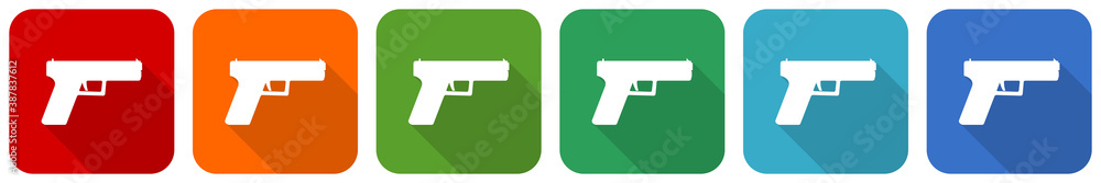 Poster pistol, gun, weapon icon set, flat design vector illustration in 6 colors options for webdesign and 