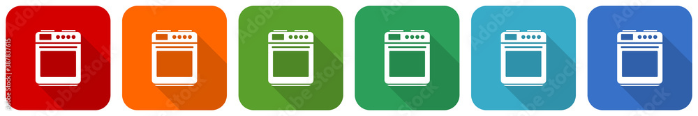 Aufkleber stove and oven icon set, flat design vector illustration in 6 colors options for webdesign and mobil