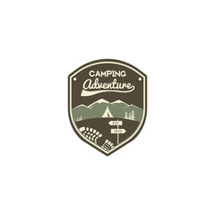 Camping adventure label. Mountain winter camp badge. Outdoor explorer logo design. Travel monochrome and hipster color insignia. Snowboard icon symbol. Wilderness emblem and stamp. patch
