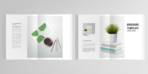3d realistic vector layout of cover mockup design templates for A4 bifold brochure, cover design, book design, magazine, brochure cover. Home office concept, study or freelance, working from home.