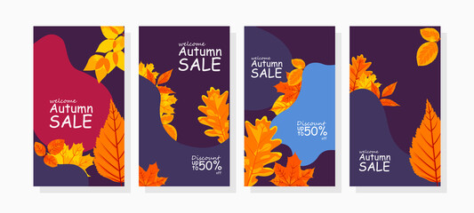 vector set of banners promotion with leave and abstract shape for autumn sale