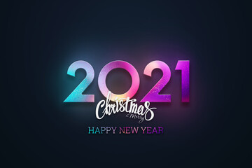 Figures 2021, Happy New Year. Elegant design with neon numbers on a dark background. Typography for 2021, New Years Celebration, Year of the Bull. 3D illustration.