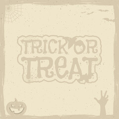 Happy Halloween Poster template with holiday symbols - bat, pumpkin, hand, witch hat, spider web and other. Trick or treat text. Use as retro banner, party flyer design etc. illustration.