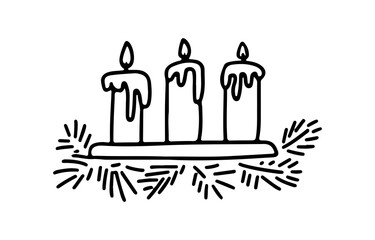 Hand drawn doodle Xmas candles party background with branches of tree isolated on white. Vector outline illustration. Design for Xmas holiday cards, banners, posters, web design.