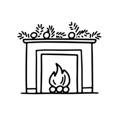 Hand drawn doodle fireplace with christmas garland isolated on white background. Vector flat illustration. Design for Xmas holiday cards, banners, posters, web design.