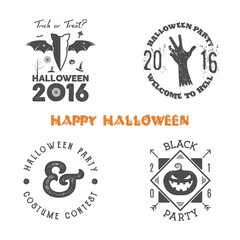 Halloween 2016 party label templates with scary symbols - zombie hand, bat, spider web, pumpkin and typography elements. Use for party posters, flyers, invitations. On t shirt, tee and other identity