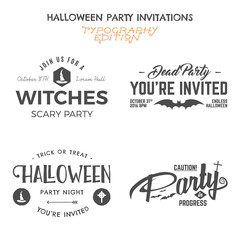 Halloween 2016 party invitation label templates with holiday symbols - witch hat, bat and typography elements. Use for party posters, flyers, cards, invitations, t-shirt, tee design, apparel.