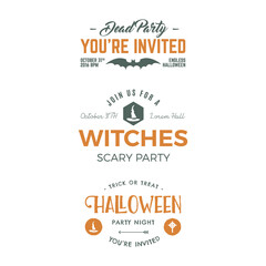 Halloween 2016 party invitation label templates with holiday symbols - witch hat, bat, typography elements. Use for party posters, flyers, cards, invitations, t shirt, tee design, apparel.