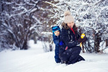 Fototapeta na wymiar mother and little boy making snowballs