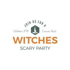 Halloween witches party label template with hat and typography elements. letters. Retro grunge patch for scary holiday celebration. Print on t shirt, tee, flyers, invitation cards etc