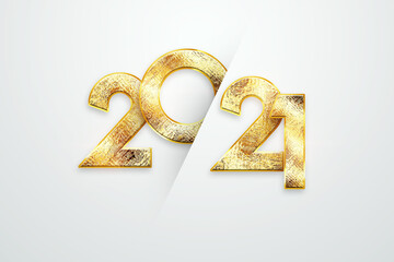 Gold Luxury Numbers 2021, Happy New Year. Elegant gold design on a light background. Typography for 2021, New Years Celebration, Poster Design. 3D illustration.