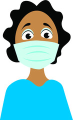 Vector portrait of a woman with black hair in a blue medical mask close up