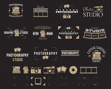 Camera logo. Vintage Photography Badges, Labels, dslr. Hipster design with photographer elements. Retro style for photo studio, photographer, equipment store. Gadget Signs. old photo icons set