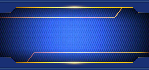 Blue carbon texture background with golden line and light. Metal fiber dark background. Vector background