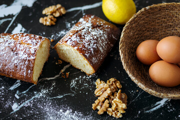 Home made nut cake and ingredients baking concept