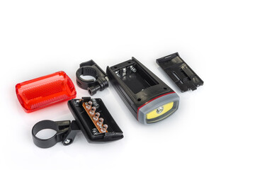 Front and rear led bicycle lights on a white