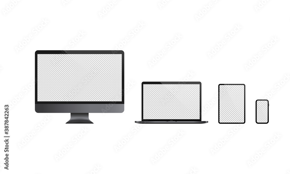 Poster realistic computer monitor, laptop, tablet and mobile phone icon set. dark theme. blank display. not