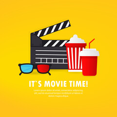 It is movie time banner. Film. Cinema banner. Greating card. Vector on isolated white background. EPS 10