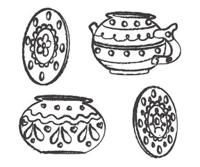 Ceramic tableware on a white background. Sketch. Vector illustration.