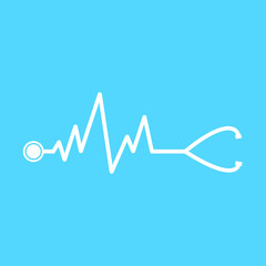 Stethoscope with a heart beat flat icon on blue background