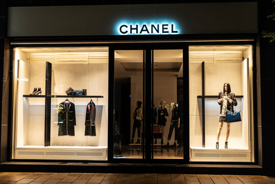 Chanel luxury clothing store at night in Hamburg, Germany