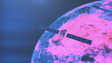 Rosetta Space craft mission with solar panels over purple and pink Earth planet mainland. Spacecraft cosmos exploration and discovery. Sattelite station at spatial zero gravity flight