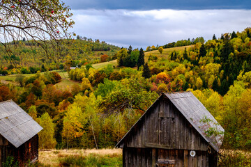 Plakat Colorful autumn landscape in the Romanian Carpathians, Fantanele village, Sibiu county, Cindrel mountains, 1100m, Romania