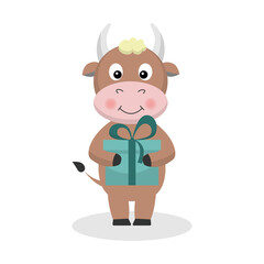 A brown bull, a cow stands with a gift. The symbol of the 2021 new year.