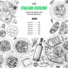 Italian Cuisine. Top view. Sketch illustration. Italian food. Design template. Hand drawn illustration. Black and white. Engraved style. Pasta and pizza, antipasto. Authentic dishes.