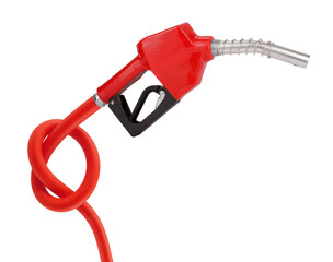 Gasoline pistol pump gun fuel nozzle stopped with hose knot isolated on white background