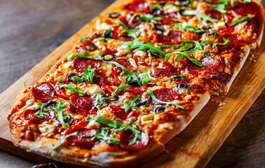 Pizza with Mozzarella cheese, salami, pepper, pepperoni, olives, Spices and Fresh arugula. Italian pizza on wooden table background
