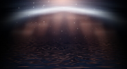 Night futuristic landscape, seascape, reflection in the water. Empty night scene. 3D illustration.