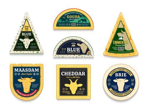 Vector cheese labels and packaging design elements. Different types of cheese detailed icons. Cow, sheep, and goat icons