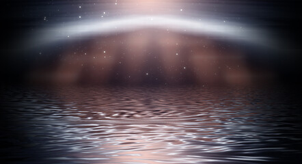 Fototapeta premium Night futuristic landscape, seascape, reflection in the water. Empty night scene. 3D illustration.