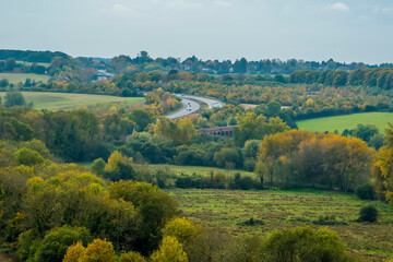 A panorama view south from St Catherines Hill at Winchester, UK in Autumn