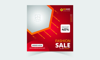 Fashion Sale Social Media Post  Design. Red Background Color with Shape. Editable Post Template for Digital Business Marketing.
