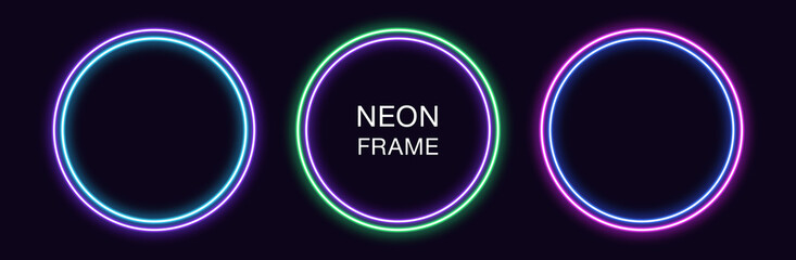 Neon circle Frame. Set of round neon Border with double outline. Geometric shape