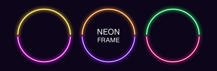 Neon circle Frame. Set of round neon Border in 2 outline parts. Geometric shape