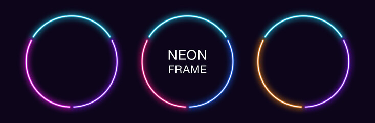 Neon circle Frame. Set of round neon Border in 3 outline parts. Geometric shape