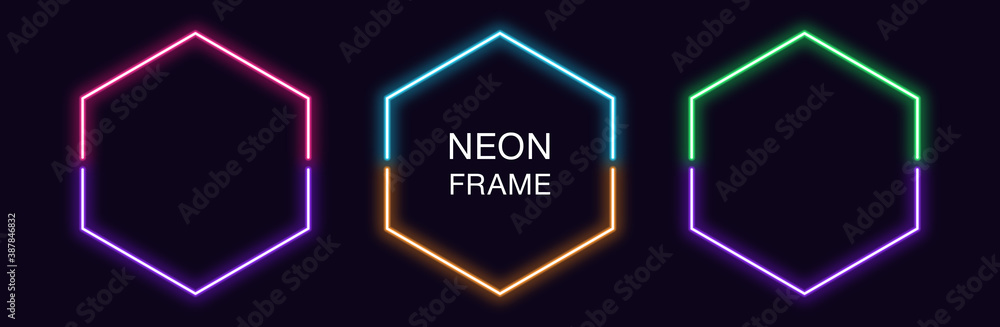 Poster neon hexagon frame. set of hexagonal neon border in 2 outline parts. geometric shape