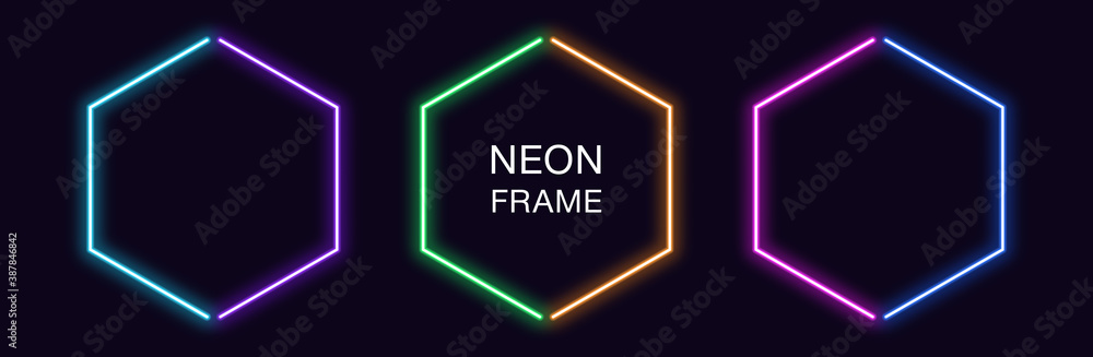 Poster neon hexagon frame. set of hexagonal neon border in 2 outline parts. geometric shape