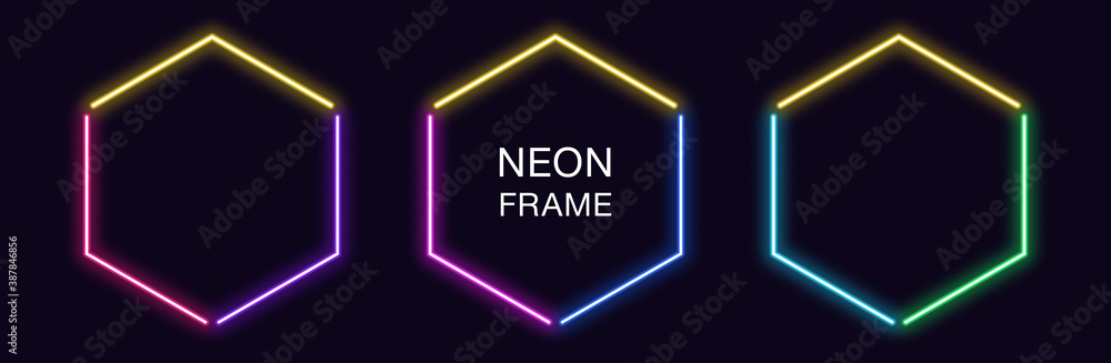 Poster neon hexagon frame. set of hexagonal neon border in 3 angular parts. geometric shape