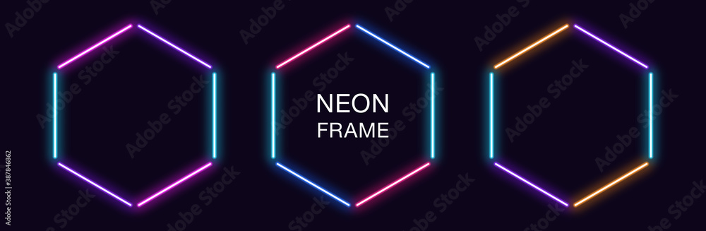 Poster neon hexagon frame. set of hexagonal neon border in 3 outline parts. geometric shape