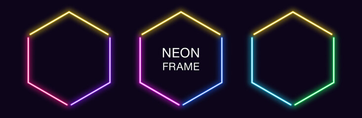 Neon hexagon Frame. Set of hexagonal neon Border in 3 angular parts. Geometric shape