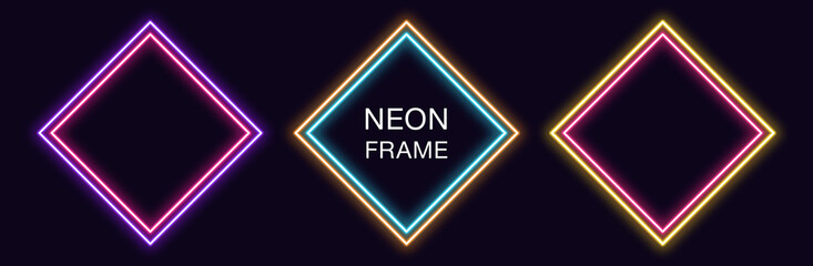 Neon rhomb Frame. Set of rhombus neon Border with double outline. Geometric shape