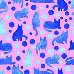 Seamless repeat pink and blue textured cats with polka dots