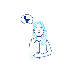 Diarrhea vomiting concept. Constipation nausea line icon. Sick woman needs vomit relief. Pregnancy virus flu illness food poisoning symptom. Young girl has pain in stomach. Medical vector illustration